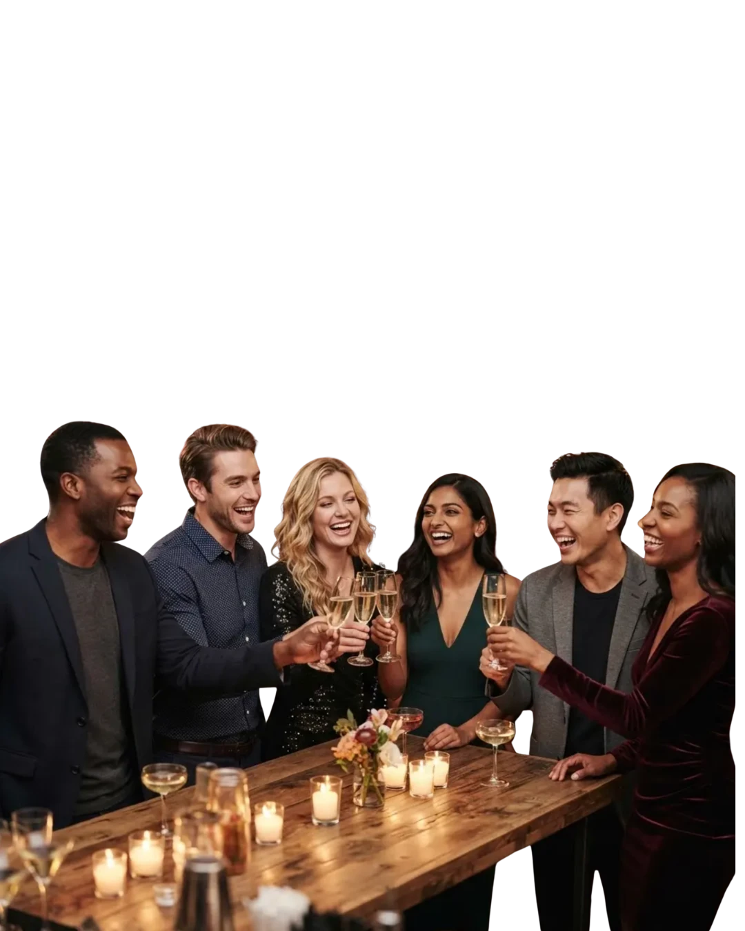 Guests raising a toast together around a candlelit table at an event