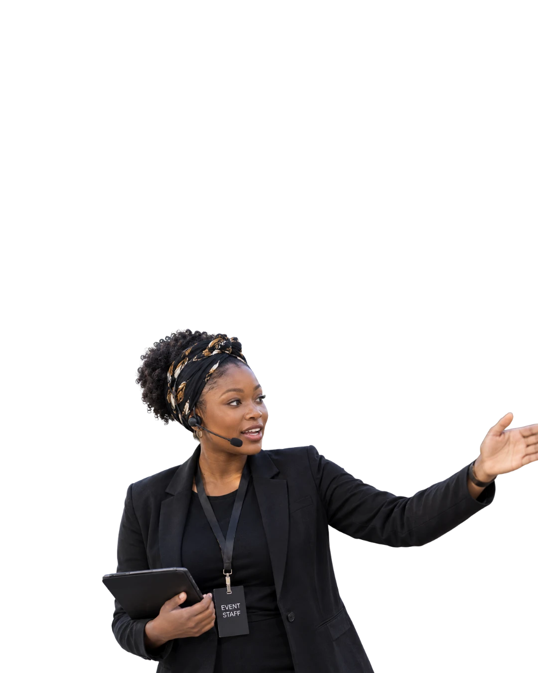 Event host wearing a headset microphone and holding a clipboard